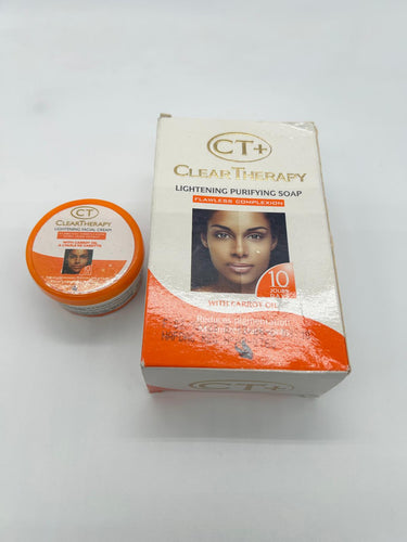CT+CLEAR THERAPY Lightening Purifying Soap & Lightening Facial Cream: Flawless complexion with carrot oil reduces pigmentation minimizes dark spots. pigmentation, Anti-taches. </p> <p>CT+ Soap enriched with fruit acids ensures a flawless complexion: it removes dirt, dark & brown spots leaving skin feel brighter and cleaner, and free of any imperfections. For best results, use the soap before each application of the CT+ range. Use morning and evening. 