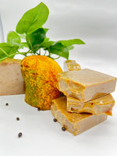 Load image into Gallery viewer, Papaya and Mango Turmeric Lightening Soap: Mango papaya soap consist of puree and pulp that is extremely high in vitamin A, and C. Mango help prevent wrinkles and fine lines, restore the skins elasticity, and moisturize dry skin. Papaya is often used to help with acne and spots, large pores, dry flaky skin, anti-aging and wrinkles. This soap is made from natural ingredients: like Shea butter, Coconut oil, Palm oil, Mango puree and papaya puree, honey, turmeric, aloe vera leaf powder, lemon powder, c