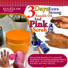 Load image into Gallery viewer, 3 Days Extra Strong. Knuckle Oil: Strong Dark Knuckle oil is powerful formulation for treating hyperpigmentation, dark spots, and discoloration on your knuckles and other affected areas.
Pink Scrub: Apply the scrub on your hand or fingers and gently massage them for about a minute, and rinse with warm water.