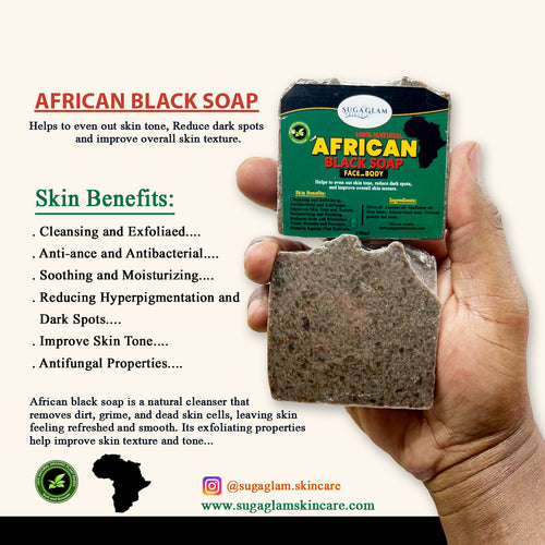 100% Natural African Black Soap Face and Body: Helps to even out skin, reduce dark spots, and improve overall skin texture. 
Skin Benefits: Cleansing and Exfoliating- Antibacterial and Antifungal- Improves Skin Tone and Texture- Moisturizing and Soothing- Reduces Acne Blemishes- Treats Eczema and psoriasis- Protects Against Free Radicals. (100ml)