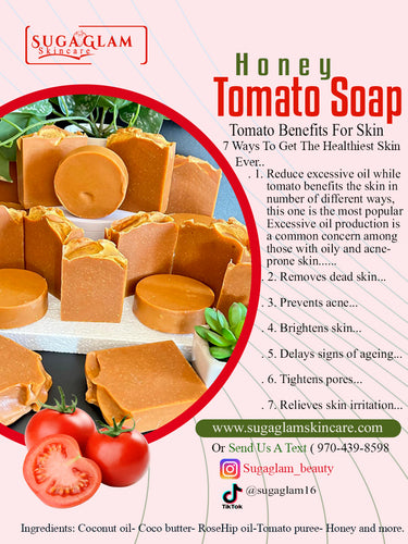 Honey Tomato Exfoliating Soap. Tomato soap can be a great addition to your skincare routine. Here are seven benefits it offers for your skin:

Exfoliates Dead Skin: The enzymes in tomatoes gently remove dead skin cells, leaving your skin smooth and refreshed.
Reduces Excess Oil: This soap helps balance your skin's natural oils, making it ideal for those with oils or acne-prone skin.
Prevents Acne: Its deep cleansing properties and ability to balance PH level can help prevent breakouts.
Brightens Skin: Rich 