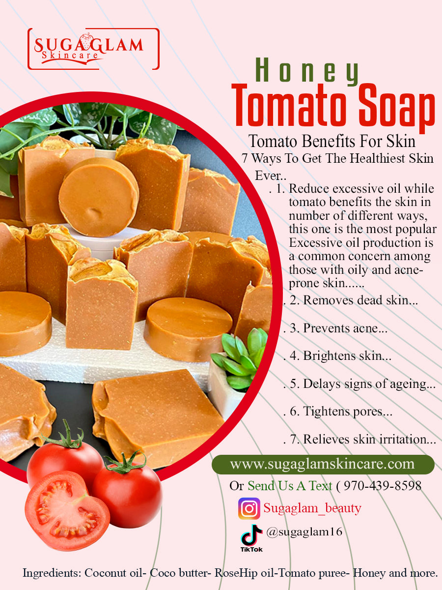 Honey Tomato Exfoliating Soap. Tomato soap can be a great addition to your skincare routine. Here are seven benefits it offers for your skin:

Exfoliates Dead Skin: The enzymes in tomatoes gently remove dead skin cells, leaving your skin smooth and refreshed.
Reduces Excess Oil: This soap helps balance your skin's natural oils, making it ideal for those with oils or acne-prone skin.
Prevents Acne: Its deep cleansing properties and ability to balance PH level can help prevent breakouts.
Brightens Skin: Rich 