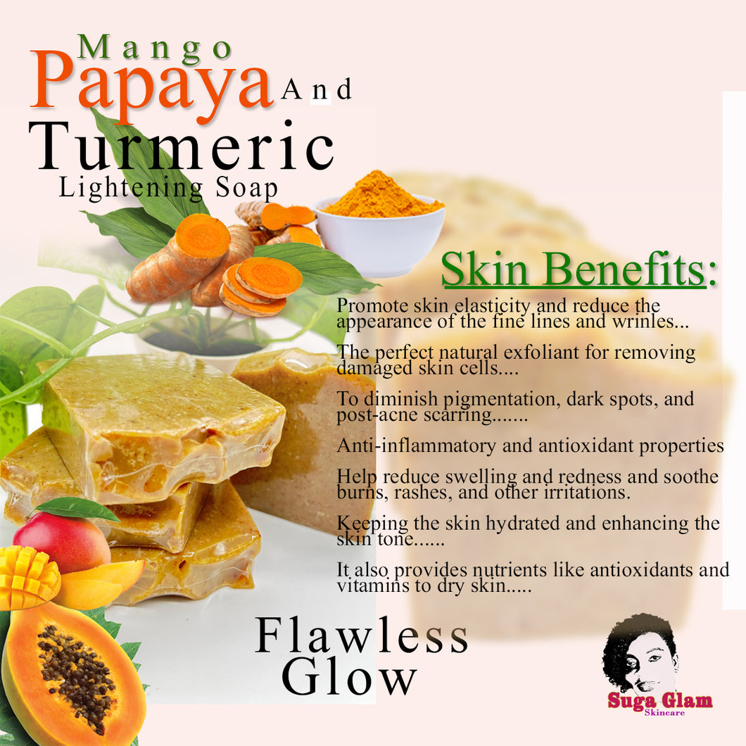 Papaya and Mango Turmeric Lightening Soap:  Mango papaya soap consist of puree and pulp that is extremely high in vitamin A, and C. Mango help prevent wrinkles and fine lines, restore the skins elasticity, and moisturize dry skin. Papaya is often used to help with acne and spots, large pores, dry flaky skin, anti-aging and wrinkles.   This soap is made from natural ingredients: like Shea butter, Coconut oil, Palm oil, Mango puree and papaya puree, honey, turmeric, aloe vera leaf powder, lemon powder, c